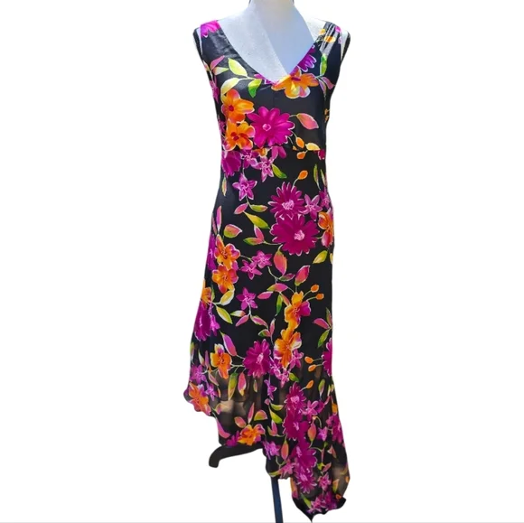 Vintage Beaded Sequin Asymetrical Black Pink Floral Sleeveless Maxi Dress | Sz L - Picture 5 of 6